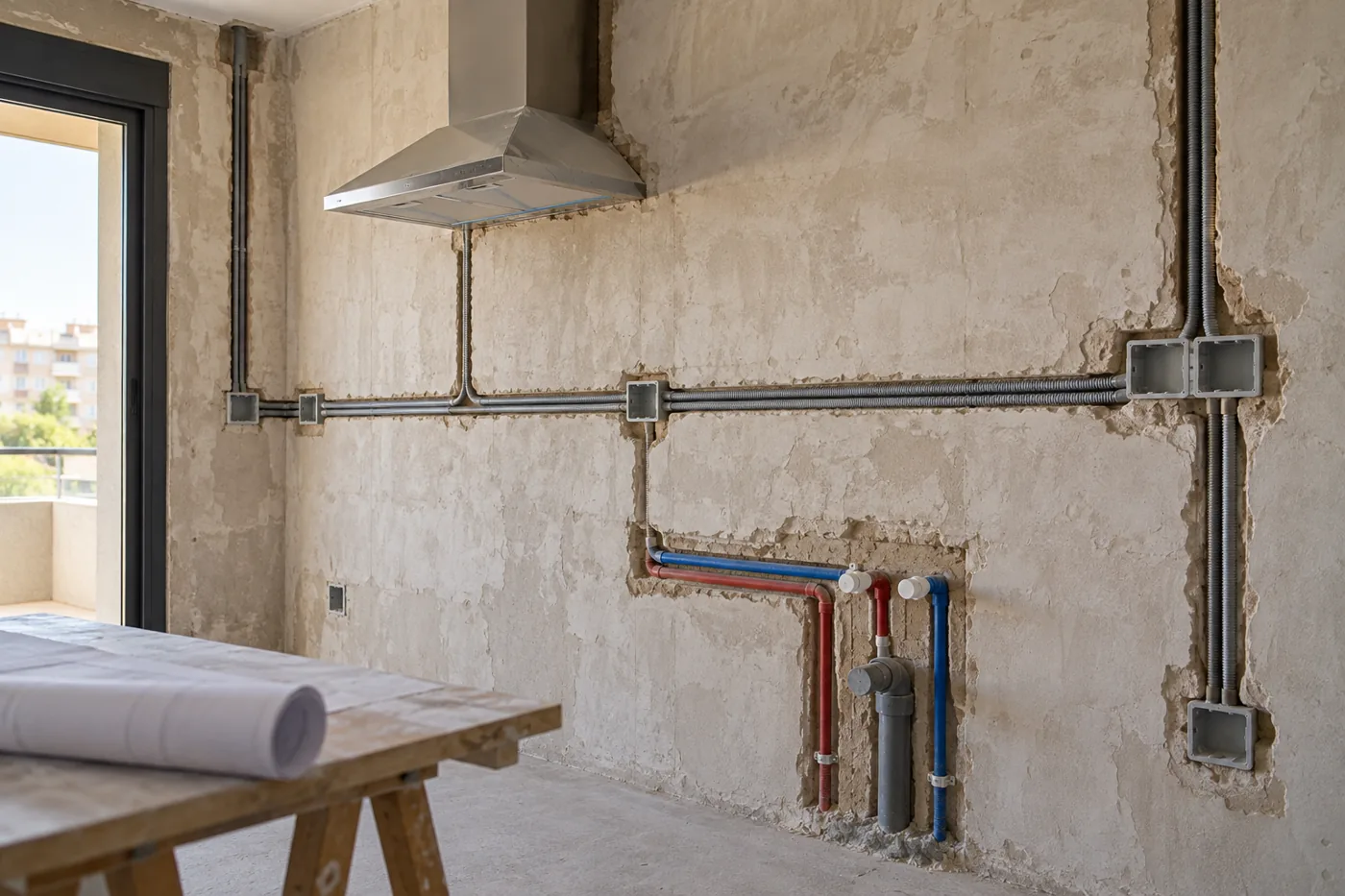 Instalaciones de agua y canalizaciones eléctricas visibles en una cocina antes de cerrar las rozas